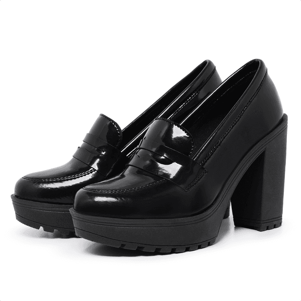 Mocassim Feminino Oxford Salto Alto Preto Verniz