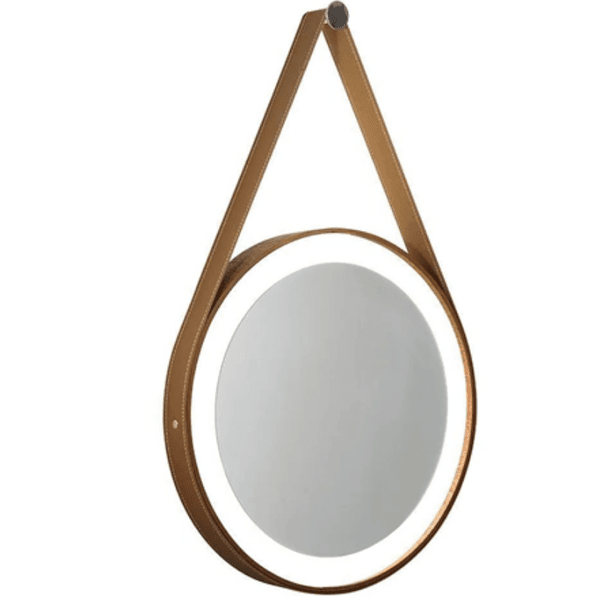 Espelho Redondo Branco Adnet com Alça Caramelo 40cm Reduna PD1161