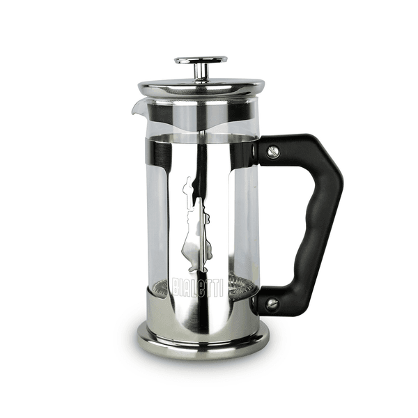 Cafeteira French Press Preziosa Bialetti 350ml, feita em aço inox e vidro borossilicato, ideal para café encorpado sem filtros de papel.