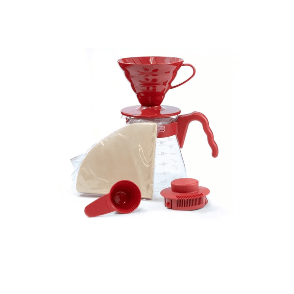 Conjunto Kit V60 02 Vermelho Hario com 40 Filtros para Café Coado, Suporte V60 e Filtros de Papel para Extração Perfeita