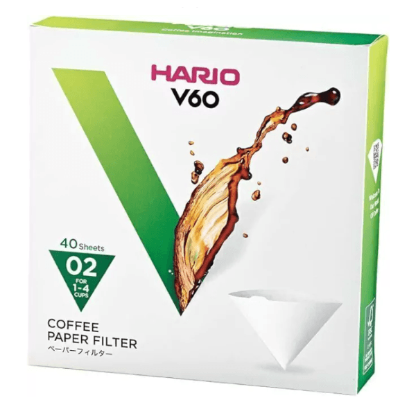 Filtro de Papel Natural HARIO V60 02, caixa com 40 unidades, ideal para extração limpa e equilibrada no método pour over.