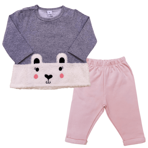 Conjunto bebê moletom mescla pelúcia ursinho e calça rosa claro