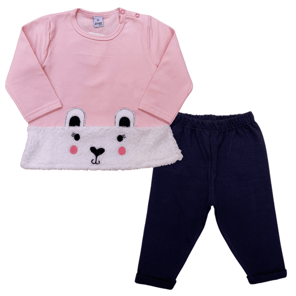 Conjunto bebê moletom rosa claro pelúcia ursinho e calça preta