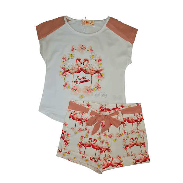 Conjunto Blusa Branca Flamingos e Short Com Faixa Estampado Kiki e Mily