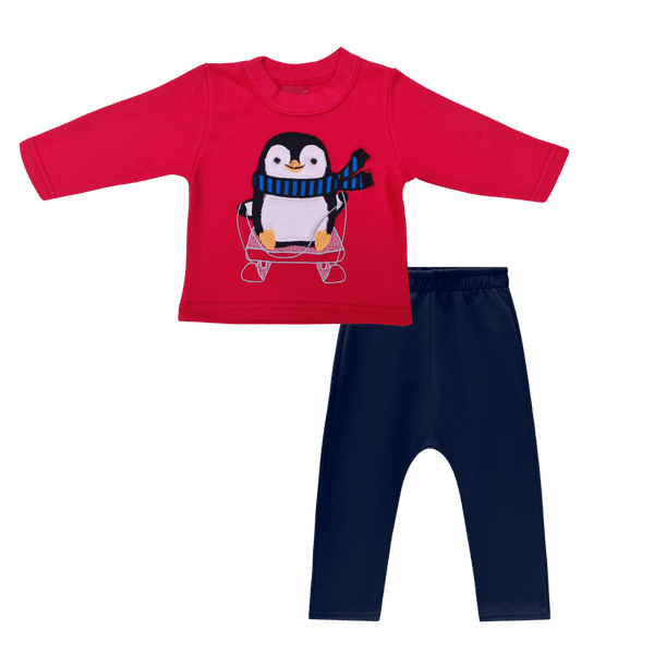 Conjunto moletom vermelho pinguim e calça azul marinho Kyly