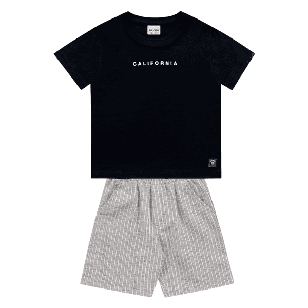 Conjunto camiseta preta California e bermuda cinza listras Fakini 