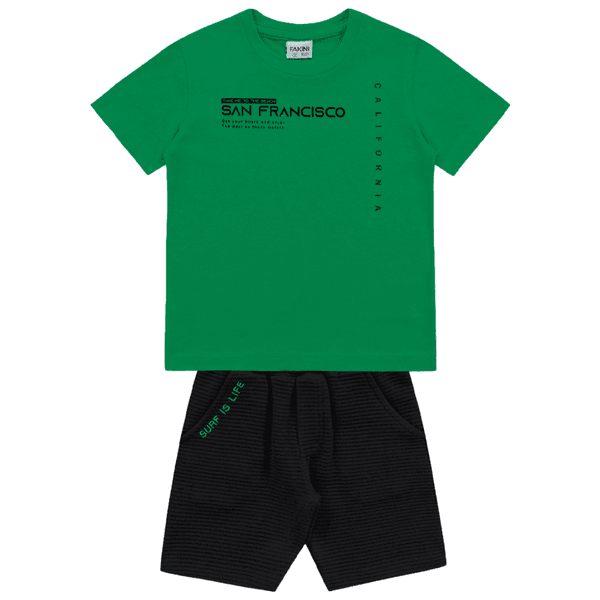 Conjunto camiseta verde San Francisco e bermuda preta Fakini 