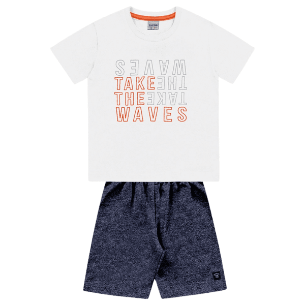 Conjunto camiseta branca escritas e bermuda azul marinho Fakini 