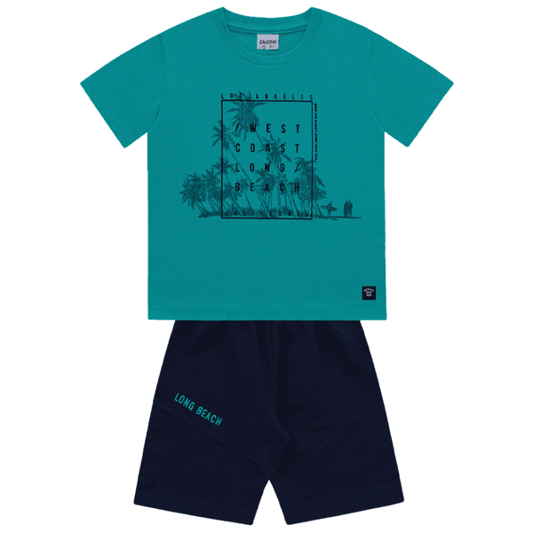 Conjunto camiseta verde água coqueiros e bermuda azul marinho Fakini 