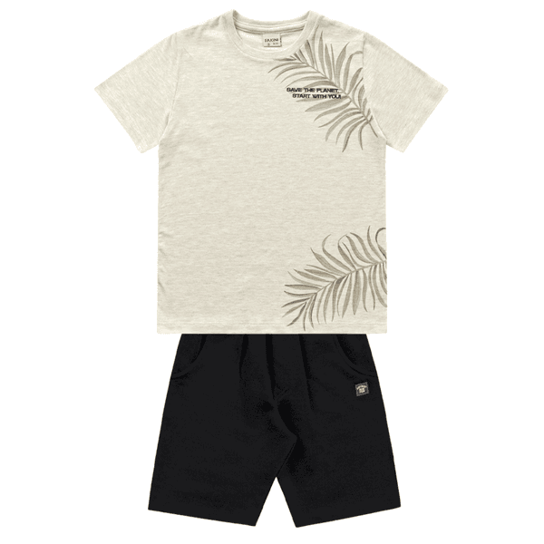 Conjunto camiseta mescla folhagem e bermuda preta Fakini 