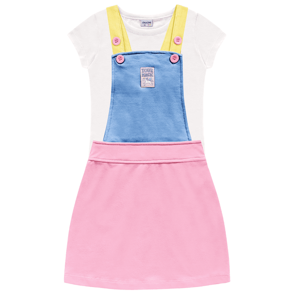 Salopete tricolor rosa azul e amarelo e blusa branca Fakini