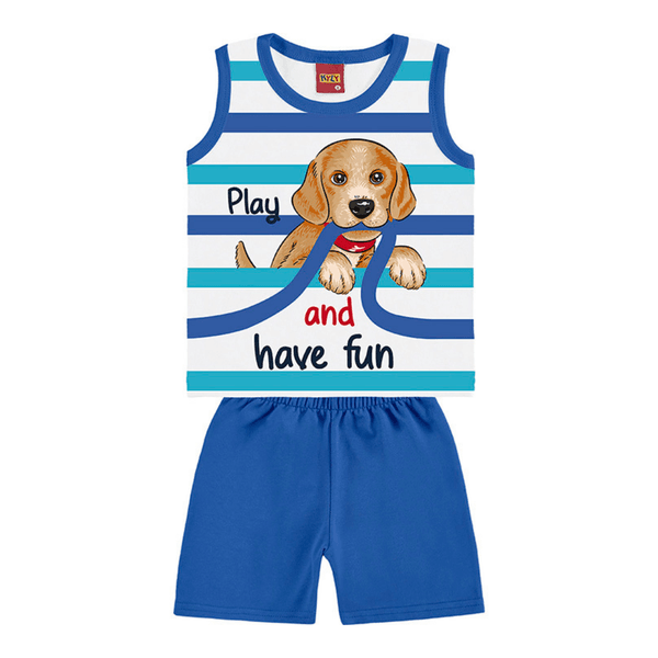 Conjunto bebê regata branca cachorrinho e bermuda azul Kyly