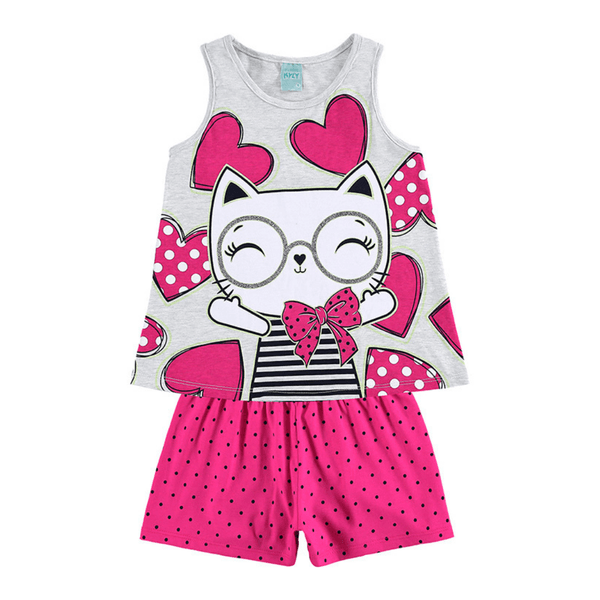 Pijama regata mescla white gatinha e short pink poá brilha no escuro Kyly