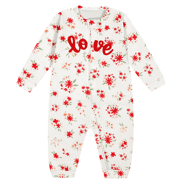 Macacão malha premium off white e vermelho floral Kiko Baby
