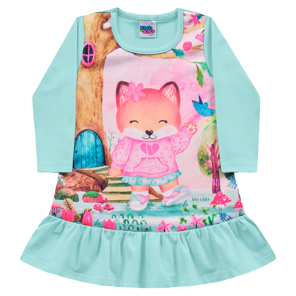 Vestido bebê raposa malha peluciada verde mineral Kiko e Kika