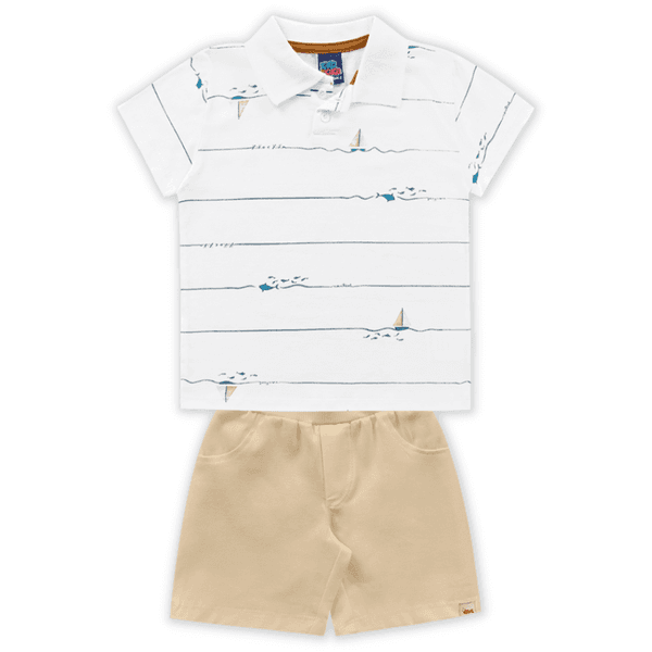 Conjunto camisa polo branca estampada e bermuda sarja caramelo Kiko e Kika 
