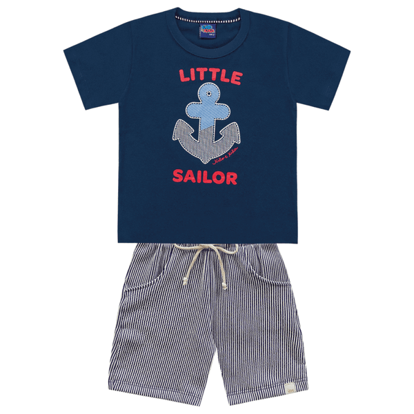 Conjunto camiseta azul marinho âncora e bermuda listras Kiko e Kika 