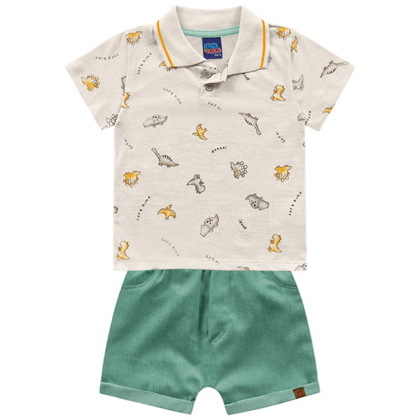 Conjunto bebê camisa polo mescla dinossauro e bermuda verde Kiko e Kika 