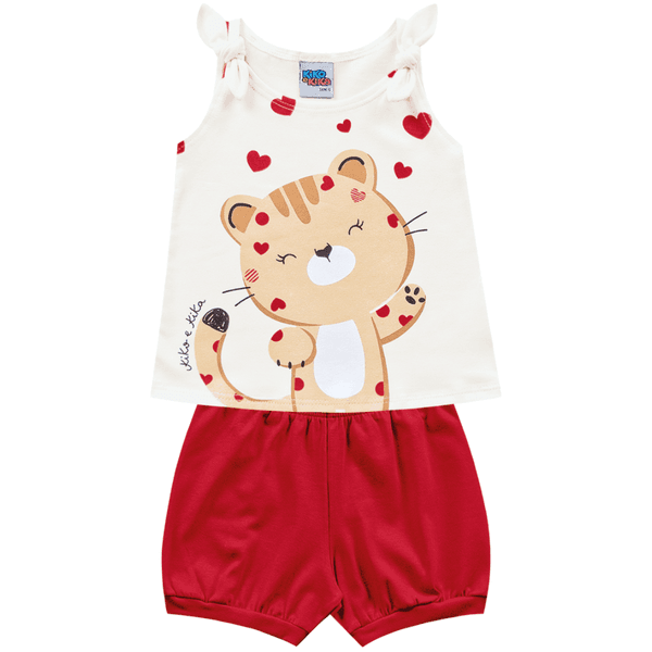 Conjunto bebê blusa off white gatinho e short vermelho Kiko e Kika 