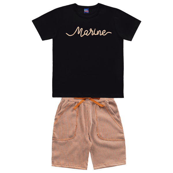 Conjunto camiseta preta marine e bermuda listras caramelo Kiko e Kika 