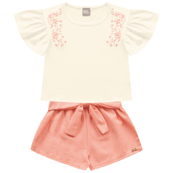 Conjunto blusa off white e short laço coral Kiko e Kika 