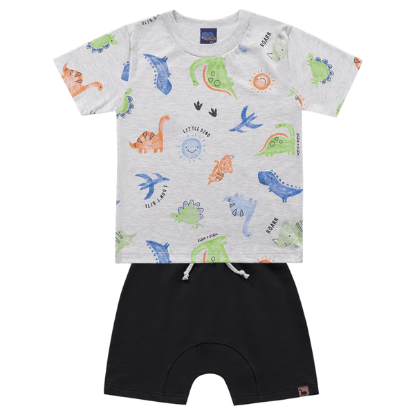 Conjunto camiseta mescla dinossauros e bermuda preta Kiko e Kika 