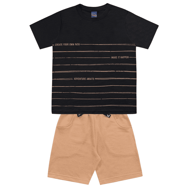 Conjunto camiseta preta estampada e bermuda bege Kiko e Kika 