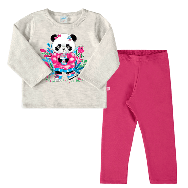 Conjunto blusa moletom mescla panda e legging rosa peluciada Marlan 