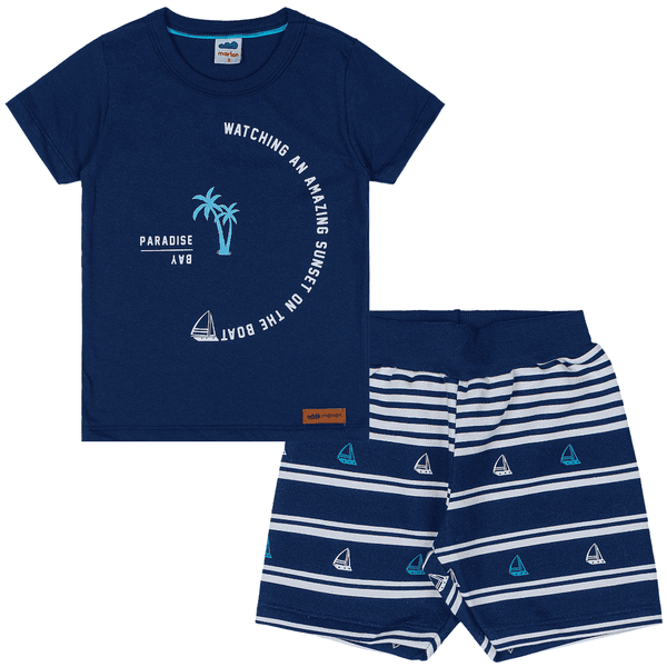 Conjunto camiseta azul marinho paradise e bermuda azul listras Marlan
