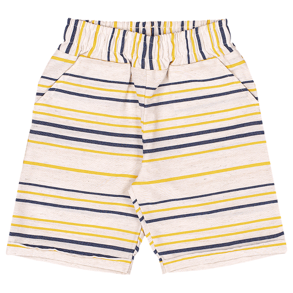 Conjunto Camisa Azul Marinho Malha tipo jeans E Bermuda Linho Off White  Listras Marlan