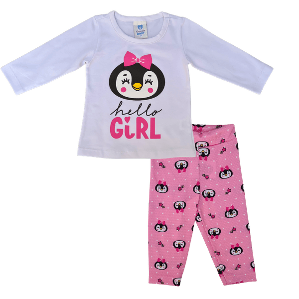 Conjunto bebê blusa branca pinguim e calça legging rosa estampada 
