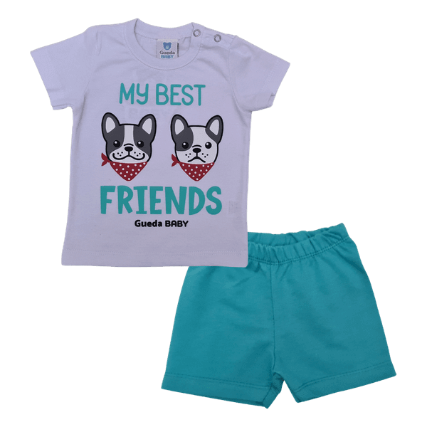 Conjunto bebê camiseta branca cachorro e short verde água 