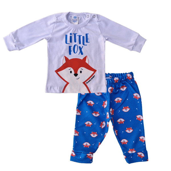 Conjunto bebê camiseta branca raposa e calça azul estampada 