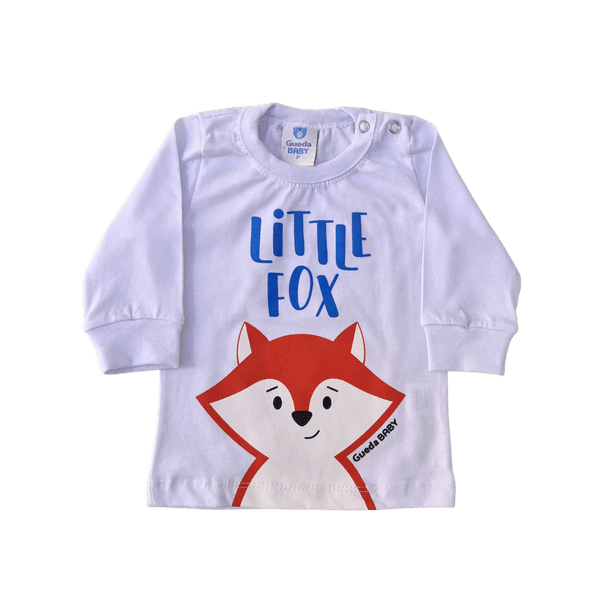 Conjunto bebê camiseta branca raposa e calça azul estampada