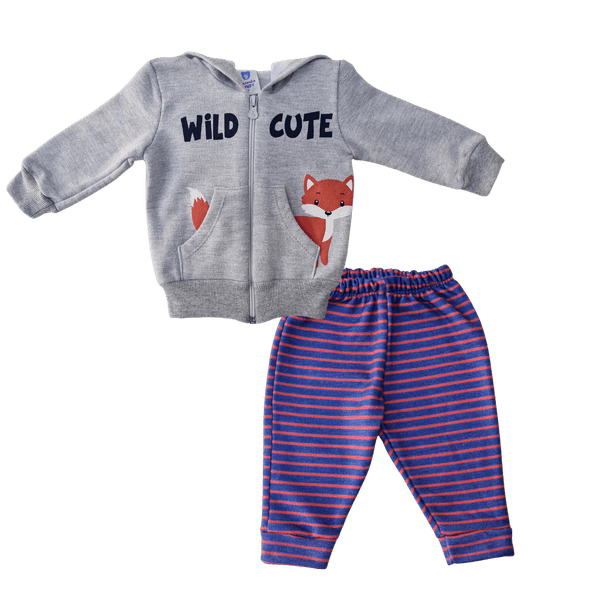 Conjunto bebê moletom mescla raposa e calça azul listrada