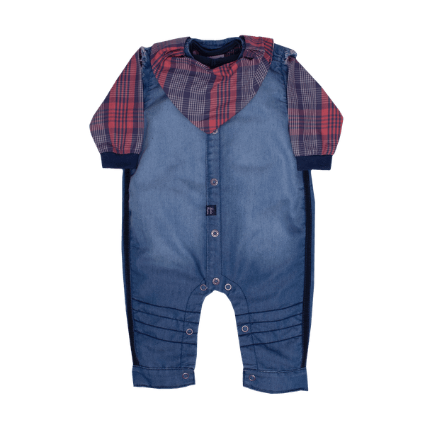 Macacão jeans com body xadrez e bandana Sonho Mágico - 3pçs