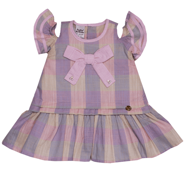 Vestido linho lilás e rosa colorful xadrez Sonho Mágico