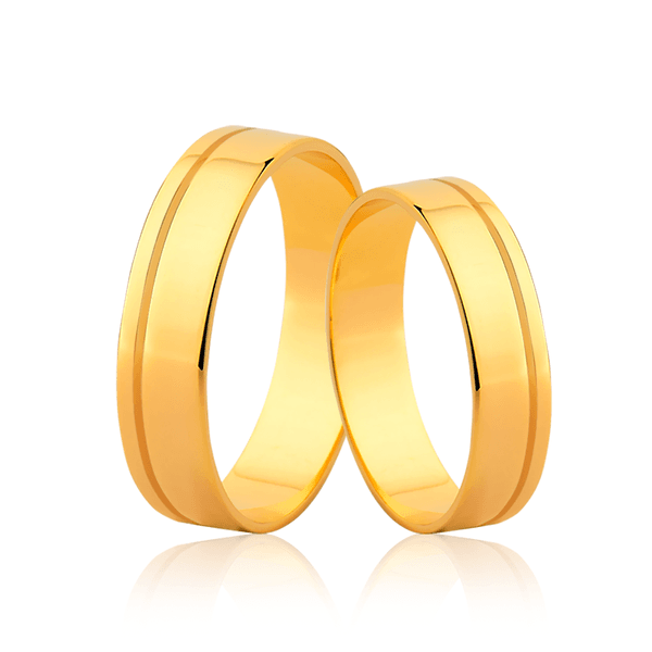Par de Alianças Retas com Friso Lateral - 4mm em Ouro 18K
