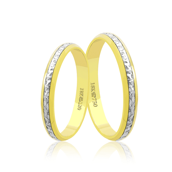 Par de Alianças de Bodas em Ouro 18K - Central Trabalhada com Ródio 2,8mm