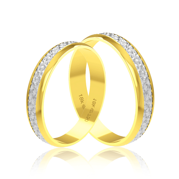 Par de Alianças de Bodas em Ouro 18K - Central Trabalhada com Ródio 4mm