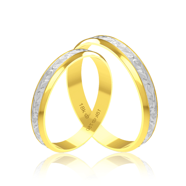 Par de Alianças de Bodas em Ouro 18K - Central Trabalhada com Ródio 3,5mm