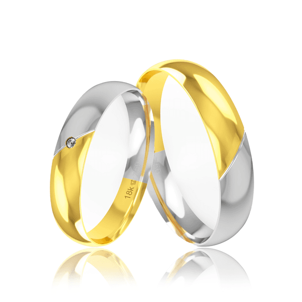 Par de Alianças de Bodas em Ouro 18K Anatômicas com 1 Diamante