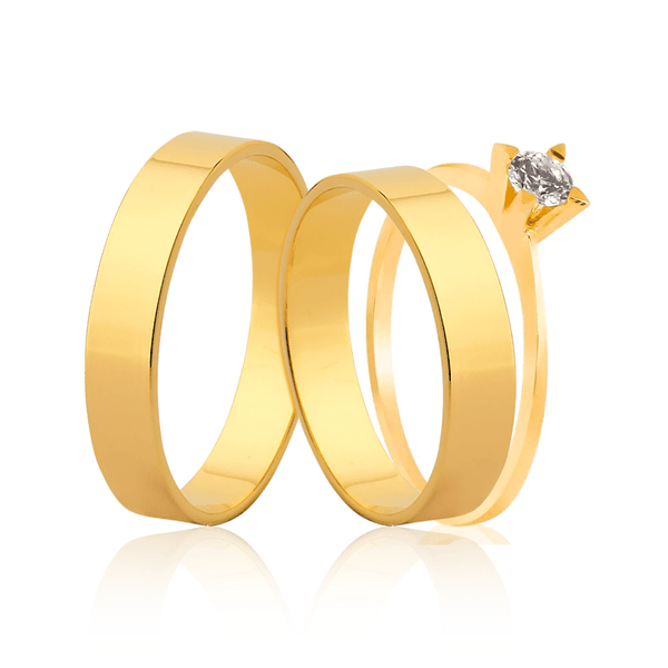 Par de Alianças Retas 3,5mm + Anel Solitário em Ouro 18K