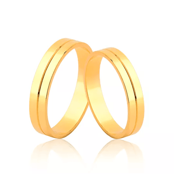 Par de Alianças para Noivado e Casamento | Ouro 18K Friso Central