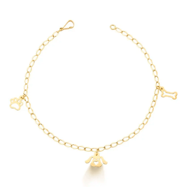 Pulseira Groumet Batido em Ouro 10K - Cão, Osso e Patinha