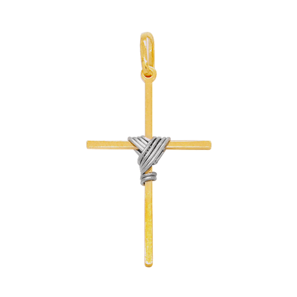 Pingente Cruz em Ouro 18K - Palito com Fio Rodinado Enrolado