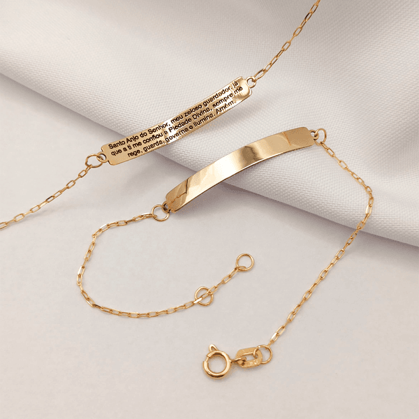 Pulseira Infantil Chapa Lisa - Oração Santo Anjo em Ouro 18K