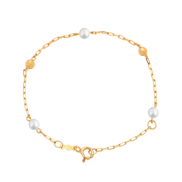 Pulseira Infantil Chapa Lisa Pérola e Bolinha em Ouro 18K - 15cm