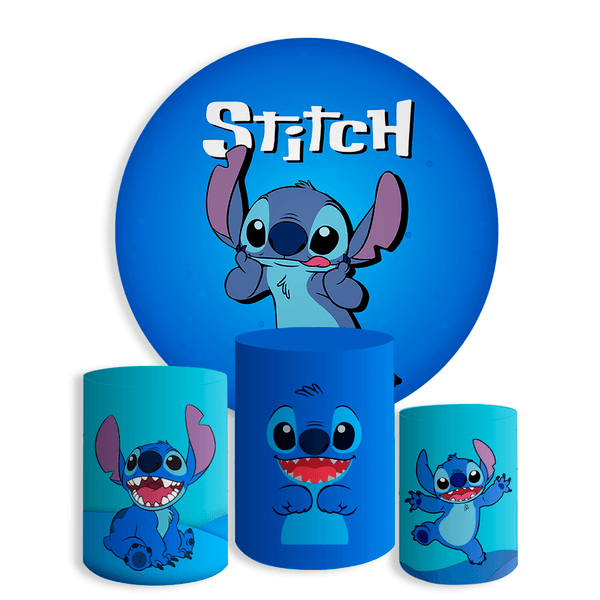 Kit Painel De Festa Stitch Alien Fofo Redondo + Trio De Cilindros Em Tecido