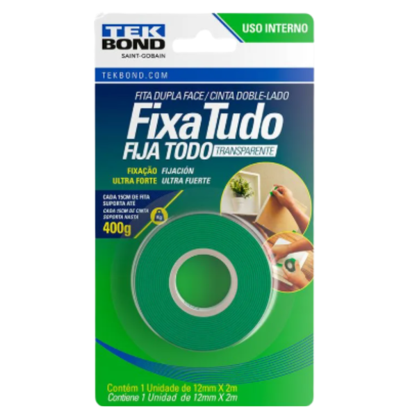Fita Dupla Face Acrílica Fixa Tudo Uso Interno 12mm x 2m Tekbond